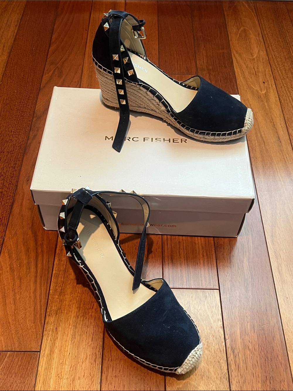Marc Fisher Navy Blue Espadrille Wedge Sandals with Studded Ankle Strap